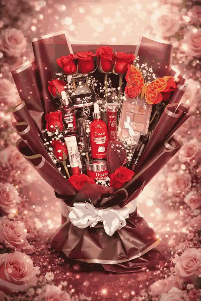 Bouquet De Maquillaje Y Flores Naturales