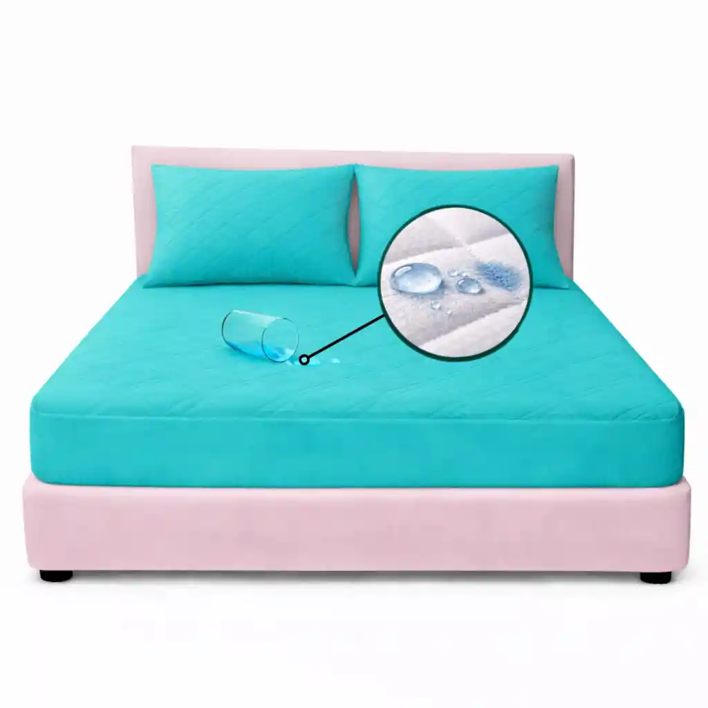 Combo Protector Colchon Doble Antifluido Turquesa 140x190cm
