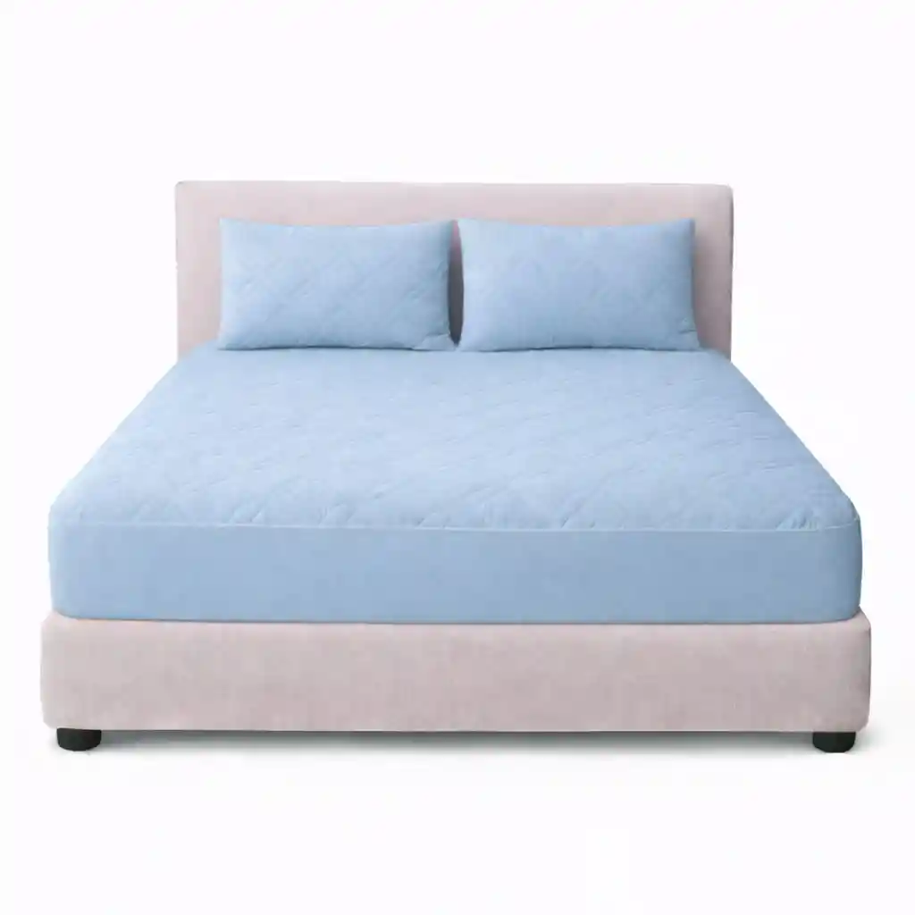 Combo Protector Colchon Sencillo Acolchado Celeste 100x190cm
