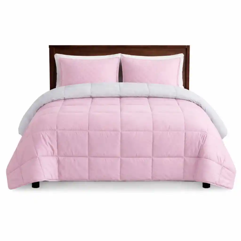 Edredon Cubrelecho Queen Doble Faz Rosado Gris