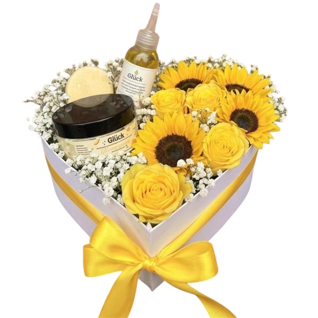 Caja Floral Corazón De Girasoles Y Rosas Con Ancheta — Romance. Arreglo floral de Flores Les Roses con envío a domicilio en Bogotá.