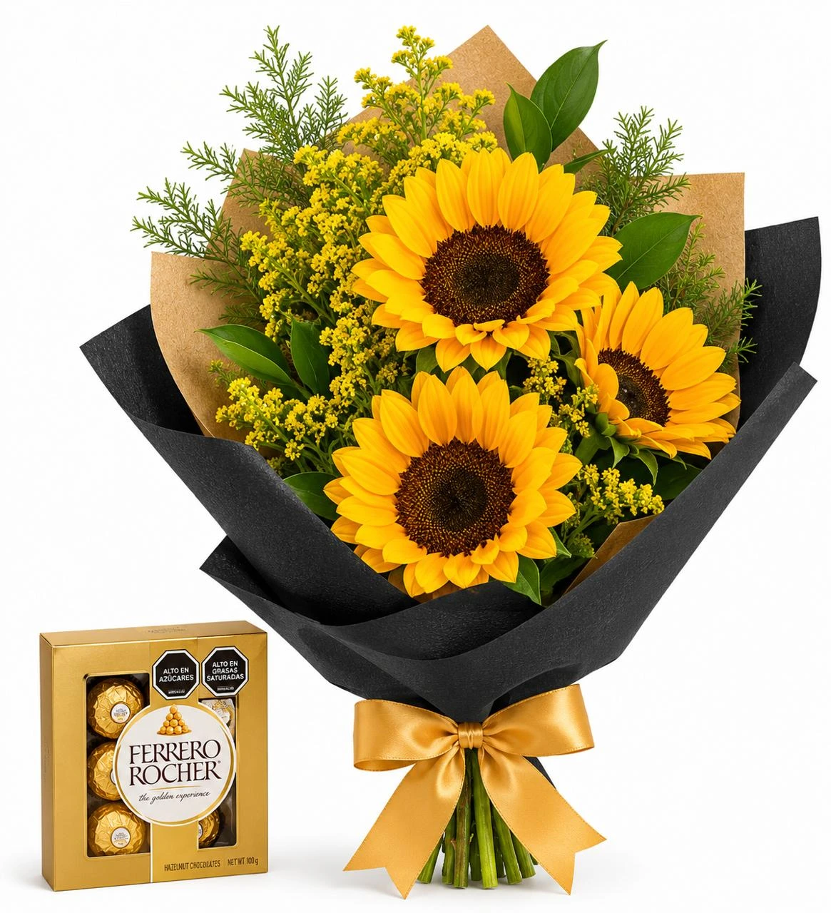 Ramo De Girasoles X3 Con Chocolates Ferrero X4 — Celebraciones. Arreglo floral de Flores Les Roses con envío a domicilio en Bogotá.