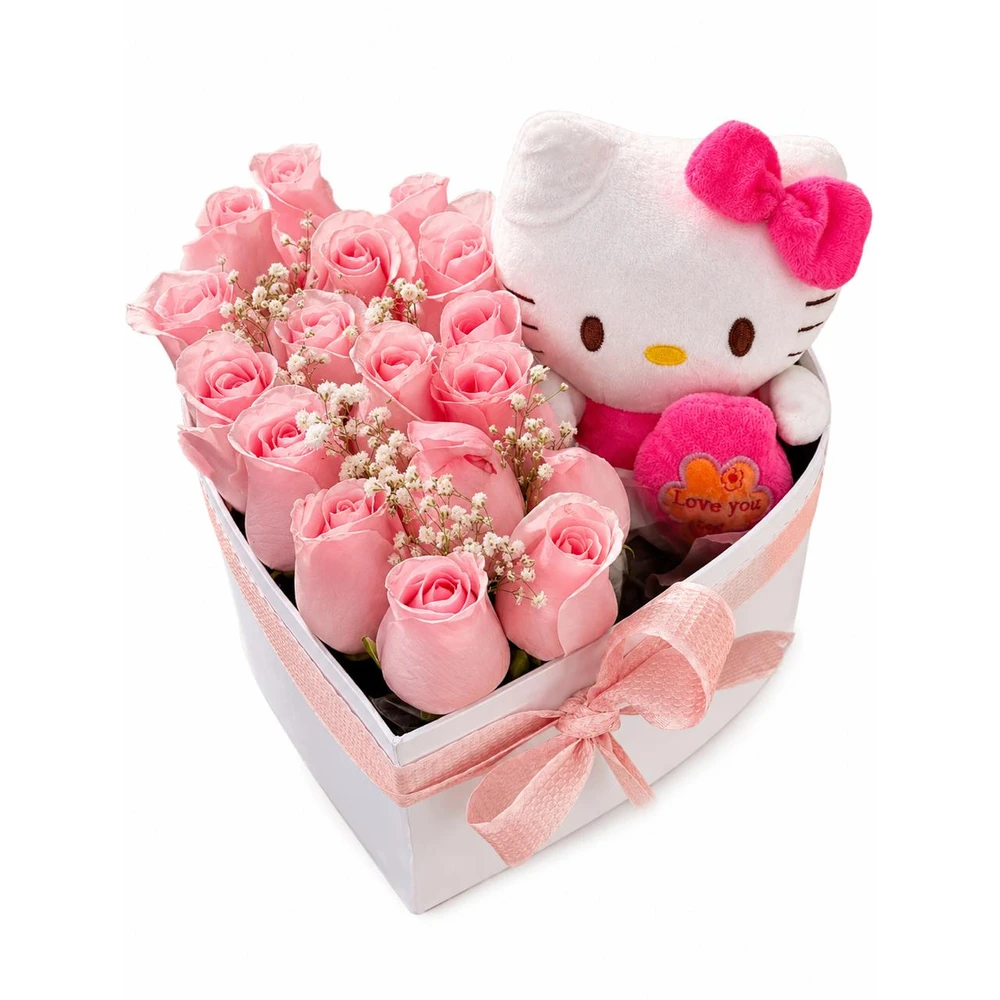 Caja Corazón De Rosas Rosadas Con Peluche Hello Kitty — Romance. Arreglo floral de Flores Les Roses con envío a domicilio en Bogotá.