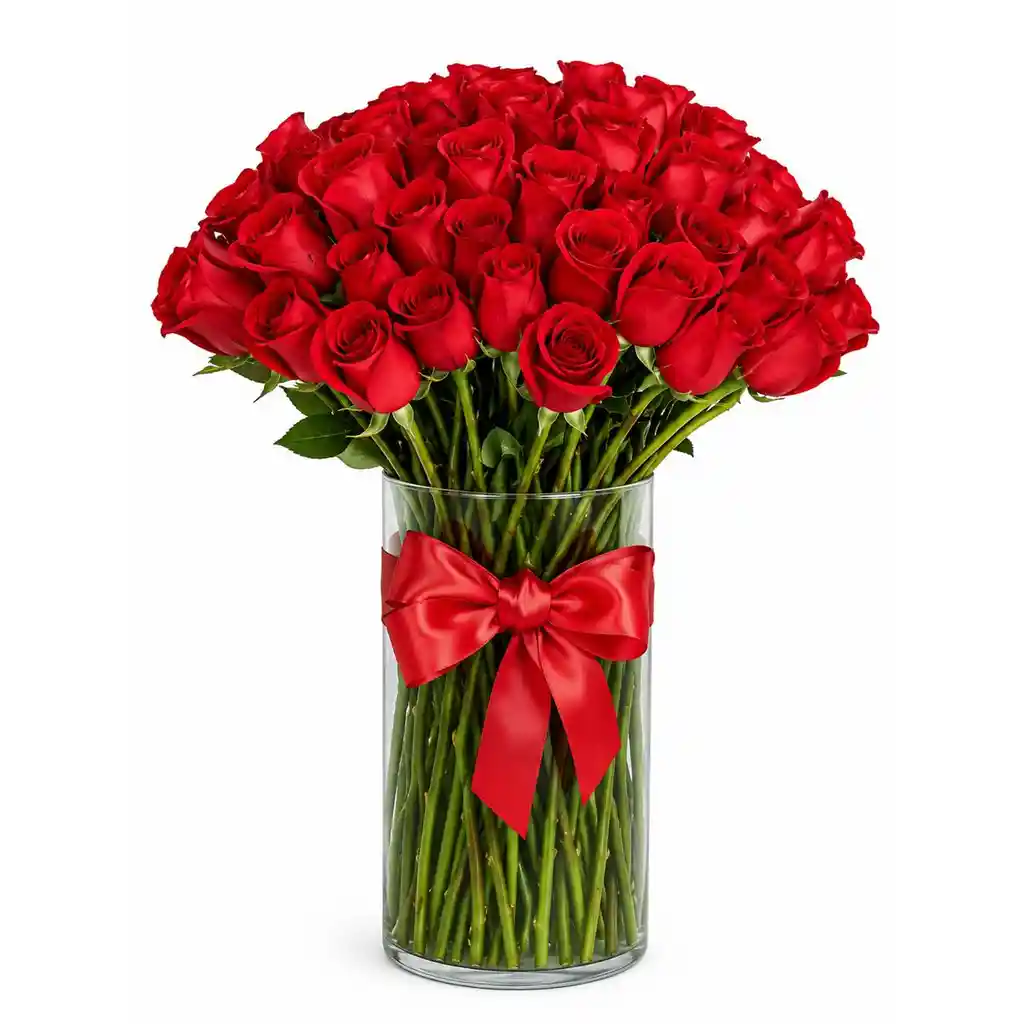 Florero Con 40 Rosas Rojas Y Lazo Decorativo