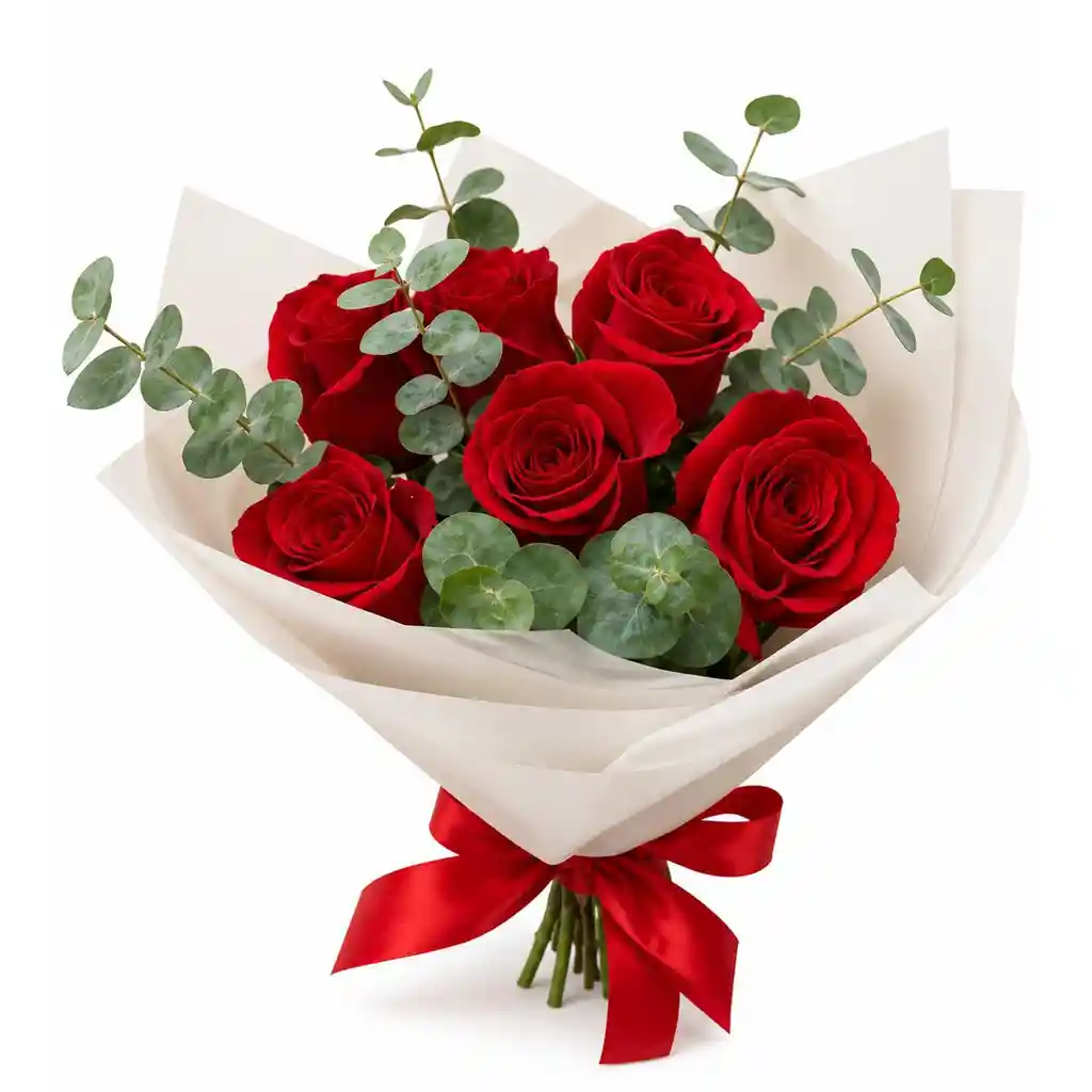 Ramo De 6 Rosas Rojas Con Eucalipto En Papel Blanco