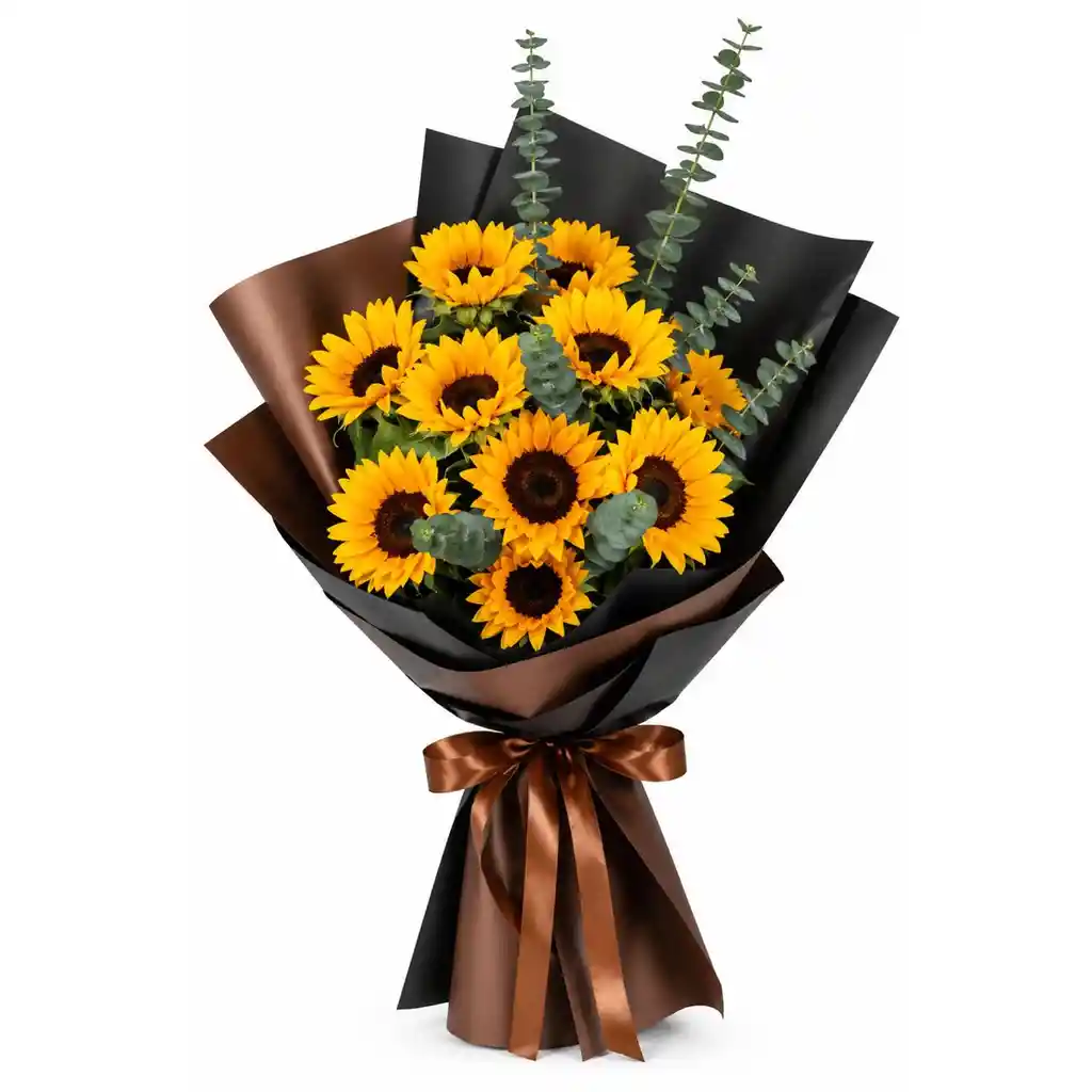Ramo De Girasoles Con Eucalipto En Papel Negro Y Café