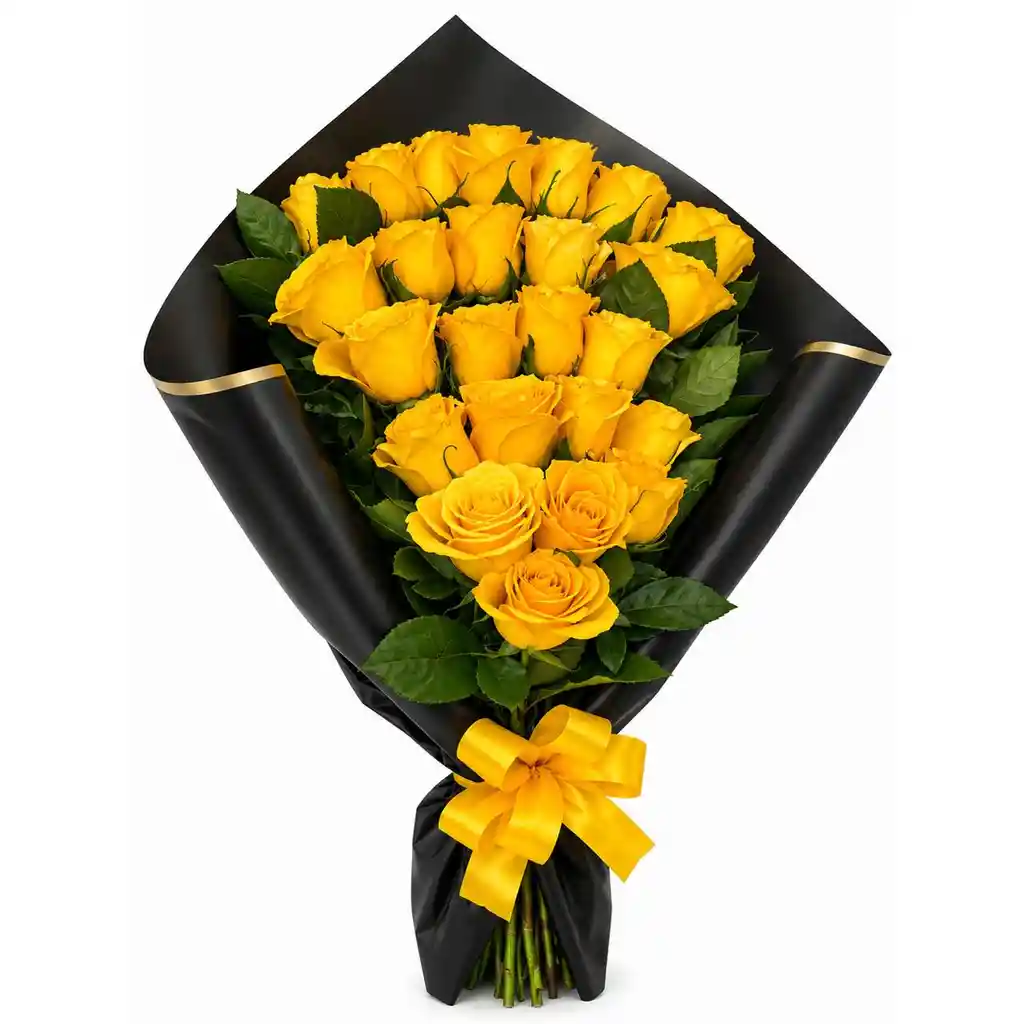 Ramo De 24 Rosas Amarillas En Papel Negro Con Borde Dorado