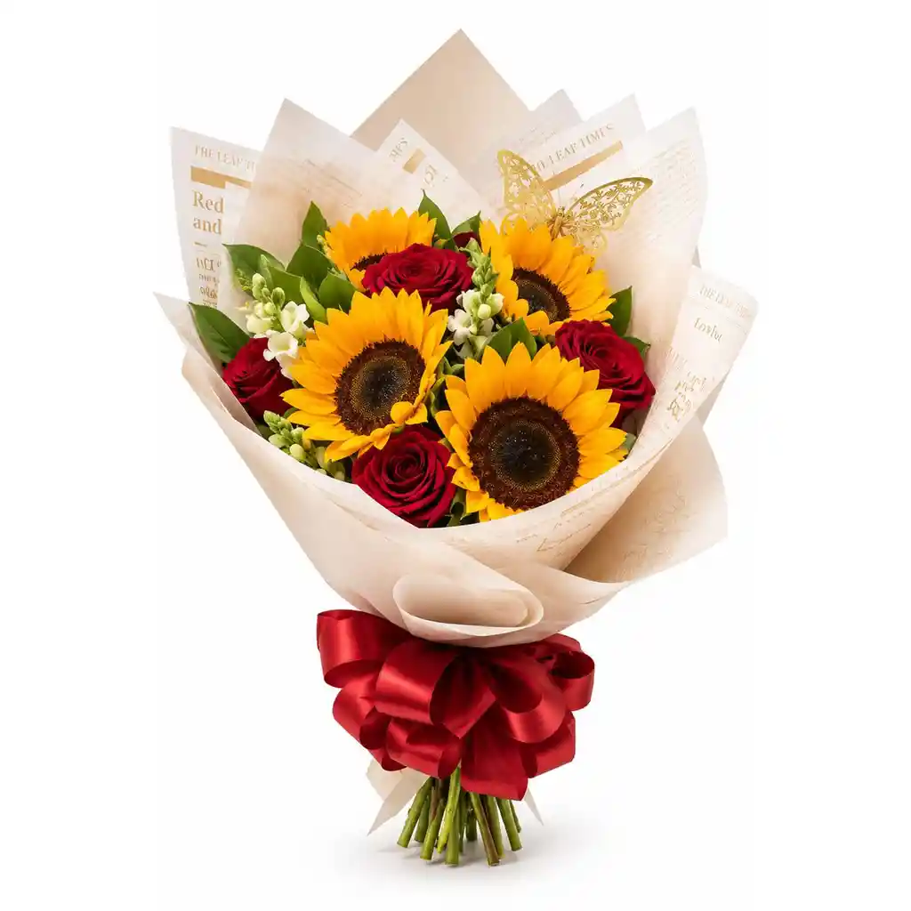 Ramo De Girasoles Y Rosas Rojas Estilo Vintage Con Mariposa Dorada