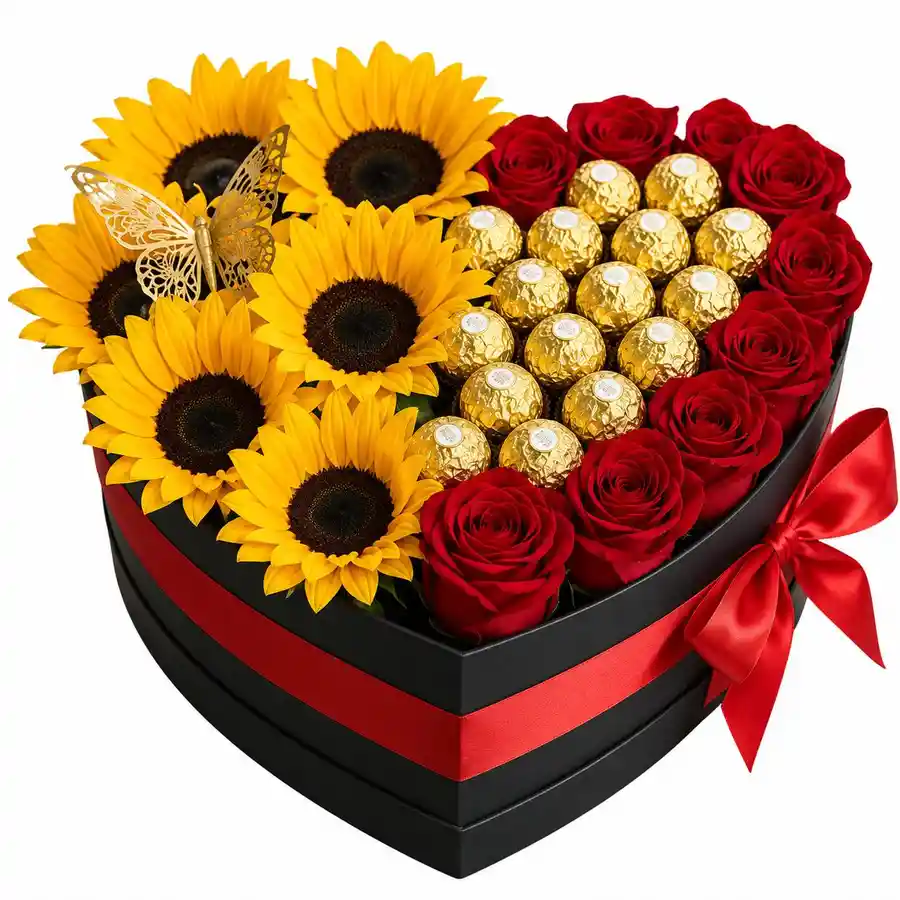 Caja Corazón De Girasoles Y Rosas Rojas Con Chocolates Ferrero Rocher