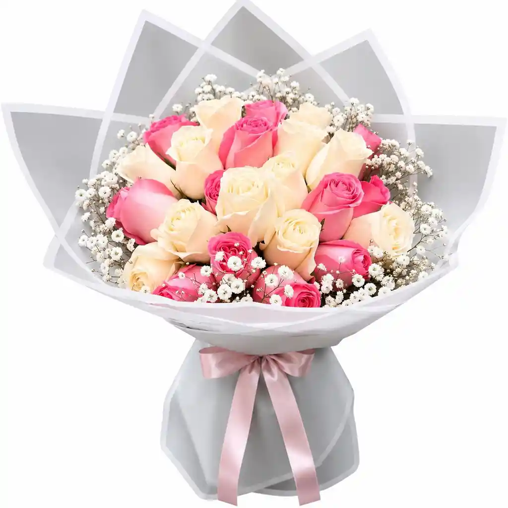 Ramo De Rosas Blancas Y Rosadas Con Gypsophila