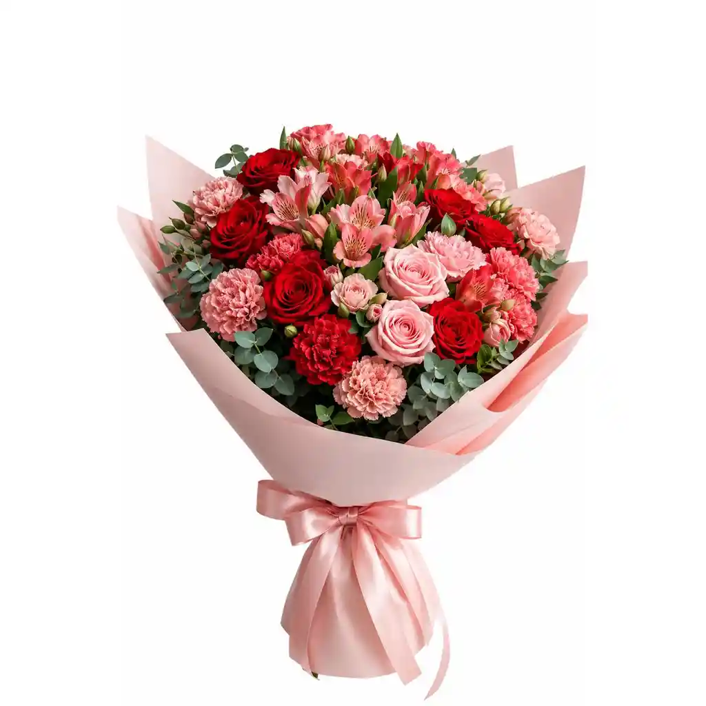 Ramo Mixto De Rosas, Claveles Y Astromelias En Tonos Rosados Y Rojos