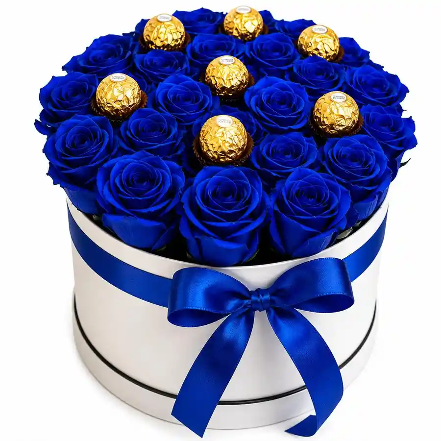 Caja De Rosas Azules Con Chocolates Ferrero Rocher