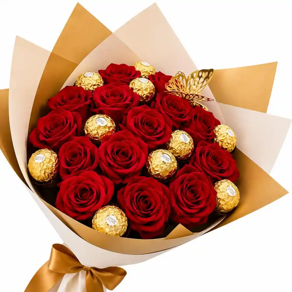 Ramo De Rosas Rojas Con Chocolates Ferrero Rocher En Papel Dorado