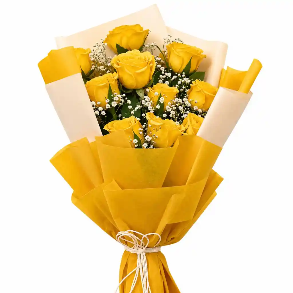 Ramo De Rosas Amarillas Con Gypsophila En Papel Amarillo