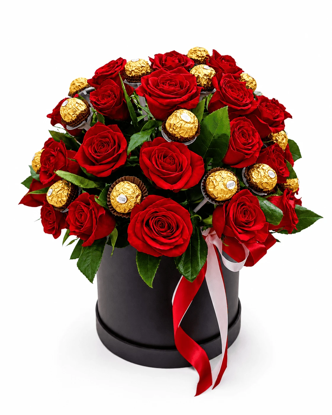 Caja De Rosas Rojas X30 Con Chocolates Ferrero X8 — Romance. Arreglo floral de Flores Les Roses con envío a domicilio en Bogotá.