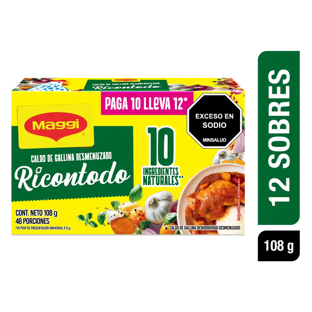 MAGGI Caldo de Gallina Desmenuzado Ricontodo pague 10 lleve 12 sobres 9g c/u
