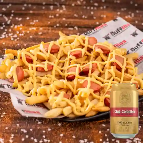 Combo Salchipapa con Queso Cheddar + Club Col. Dorada Lata 330ml
