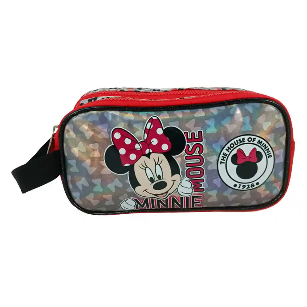 Cartuchera Premium 2 Bolsillos Minnie Mouse Fondo Rojo & Gris