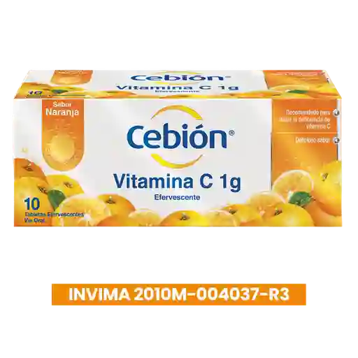 Cebión tabletas Efervescentes de Vitamina C sabor naranja con 10 unidades.