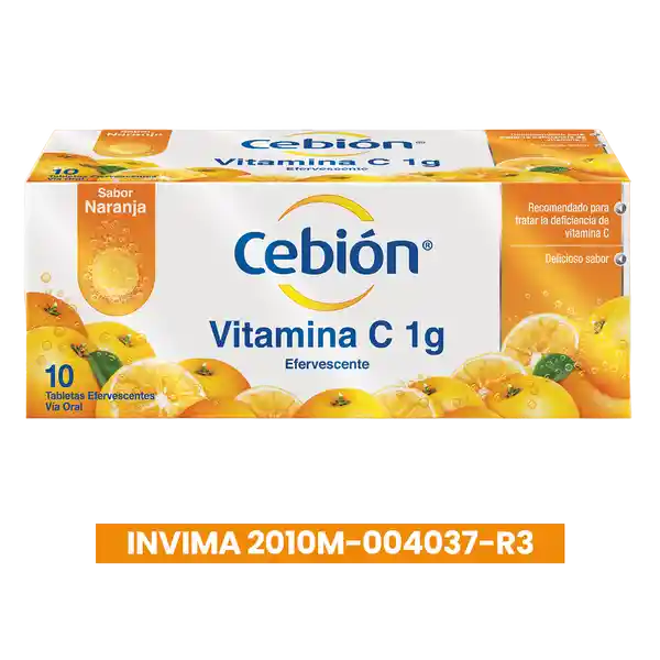 Cebión tabletas Efervescentes de Vitamina C sabor naranja con 10 unidades.