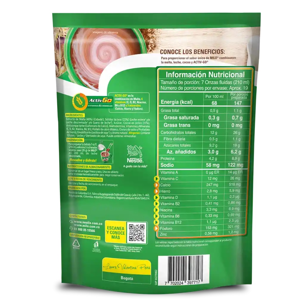 Bebida achocolatada con malta MILO ACTIV-GO x 375g