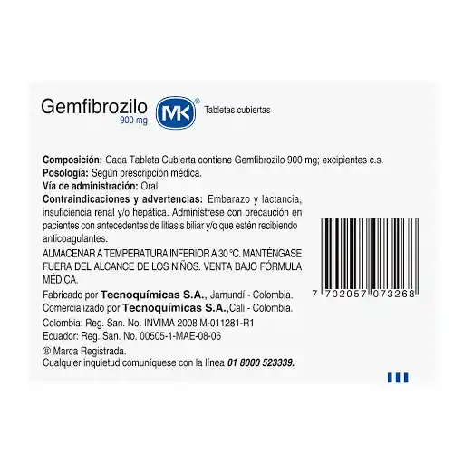 Mk Gemfibrozilo 900 Mg en Tabletas