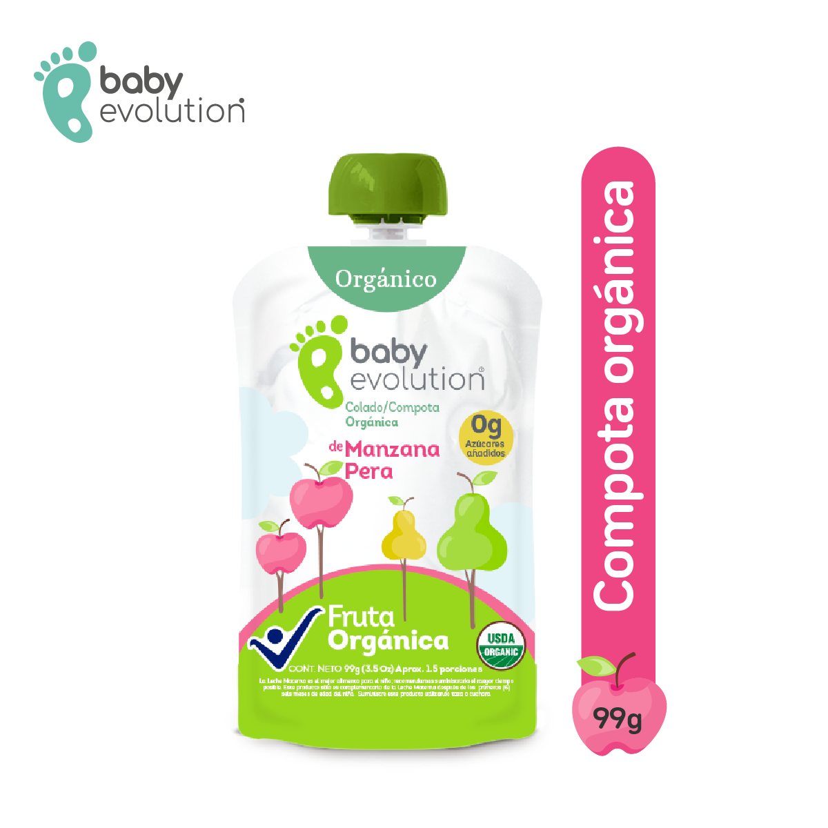 Baby Evolution Compota Orgánica Manzana Pera. 0g de azúcar añadido.