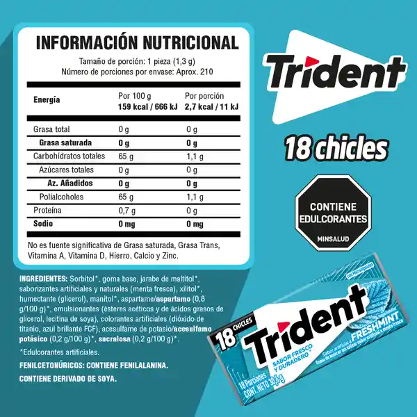 Trident Chicle Sin Azúcar Sabor Menta Fresca Pack