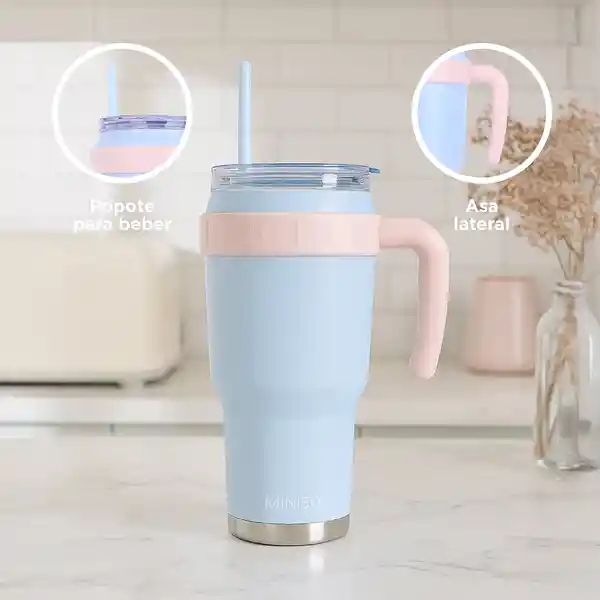 Vaso de Doble Pared Con Pitillo y Asa Azul 1240 mL Miniso