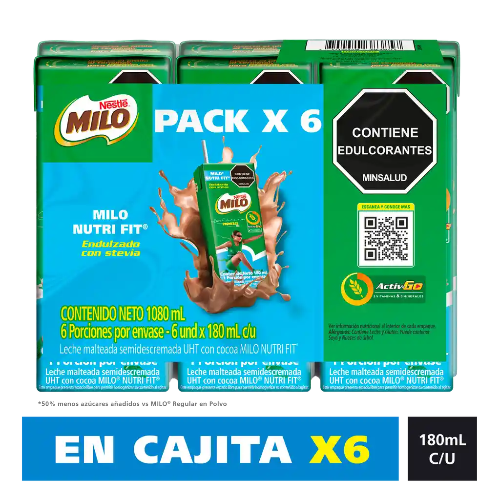 Leche achocolatada con malta MILO NUTRIFIT menos azucares* en cajita 6 Unds x 180mL c/u