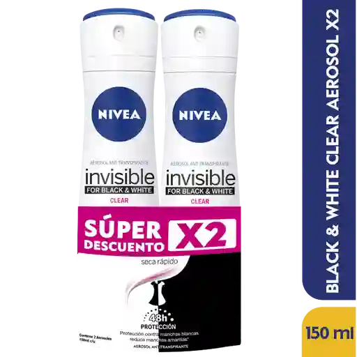 Nivea Antitranspirante Black and White Invisible en Aerosol Clear X2
