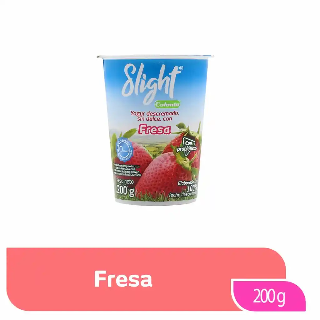 Colanta Yogurt Slight Descremado sin Dulce con Sabor a Fresa