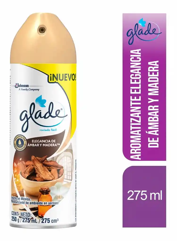 Glade Aromatizante Aerosol elegancia de ámbar y madera, 275ml