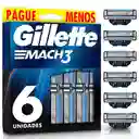 GILLETTE Mach 3 Repuestos para Cuchilla de afeitar con 3 Hojas 6 Repuestos Máquina de Afeitar para Barba Afeitadora para Hombre