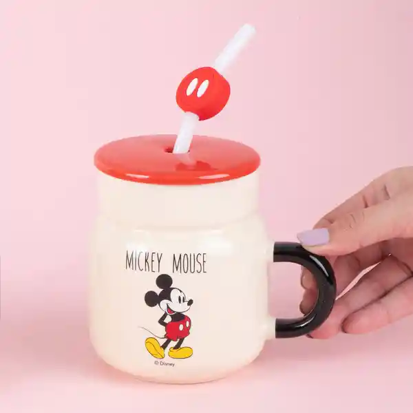 Taza Cerámica Tapa y Pitillo Mickey Mickey Mouse 410 mL Miniso