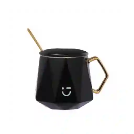 Taza Cerámica Con Asa Tapa y Cuchara Negra 360 mL Miniso