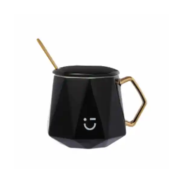Taza Cerámica Con Asa Tapa y Cuchara Negra 360 mL Miniso