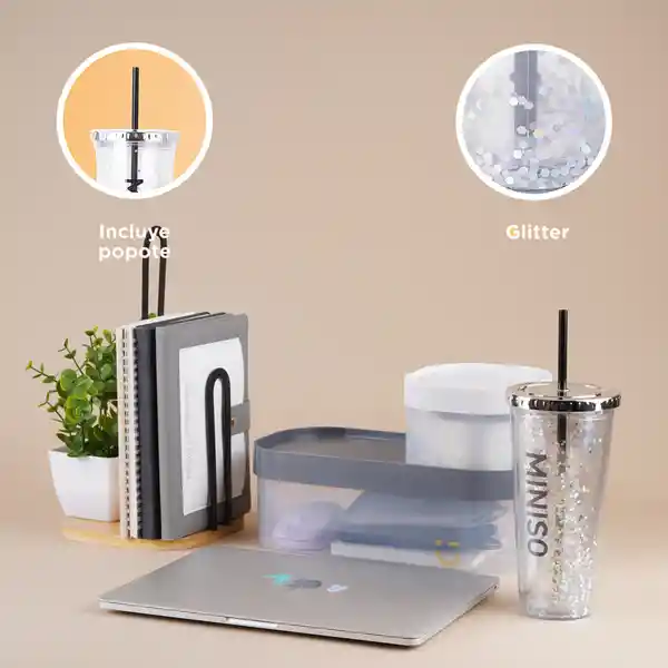 Vaso Plástico Con Pitillo Serie Silver Grey Miniso