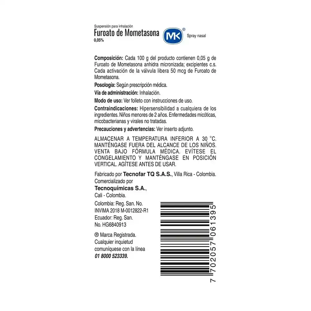 Furoato Mkde Mometasona Antipruritico (0.05 %) Suspension Para Inhalacion Nasal En Spray