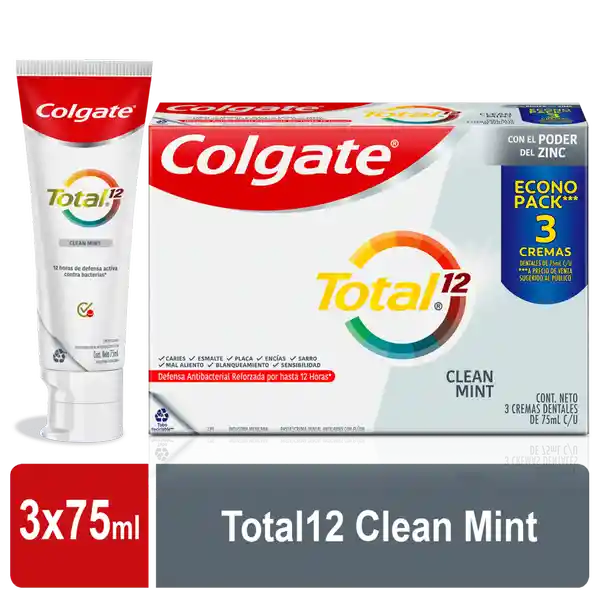 Crema Dental Colgate Total 12 Clean Mint 75ml x3