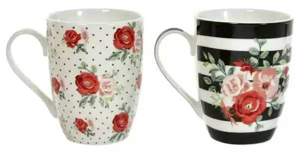 Noritex Mug de Porcelana Rayas y Rosas Blanco/Negro 12 Oz