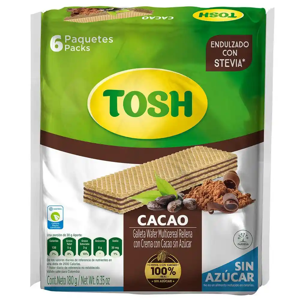 Tosh Galleta Wafer Multicereal con Crema de Cacao sin Azúcar