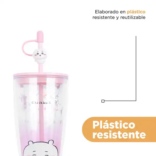 Vaso Con Doble Pared y Pitillo Chikawa Rosa 700 mL Miniso