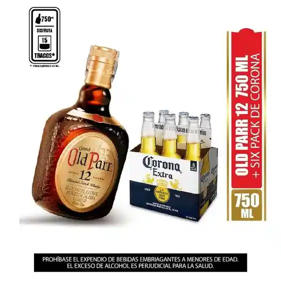 Whisky Old Parr 12 Años 750 Ml + Six Pack Cerveza Corona Botella 330 Ml