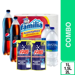 Combo Pepsi Sin Azúcar + Agua Cristal + Familia Cocina + Papel