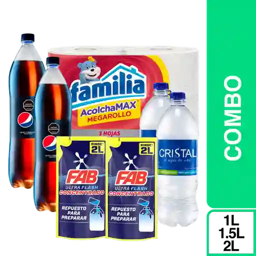 Combo Pepsi Sin Azúcar + Agua Cristal + Familia Cocina + Papel