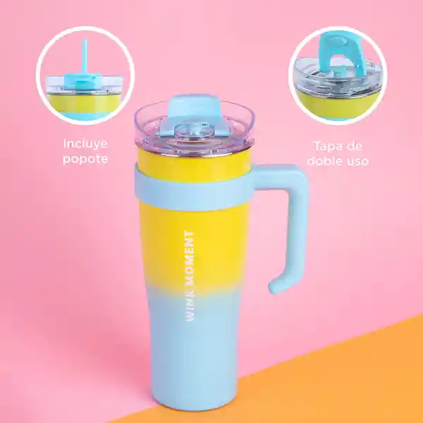 Vaso de Acero Con Pitillo Menta y Amarillo y Azul 1600 mL Miniso