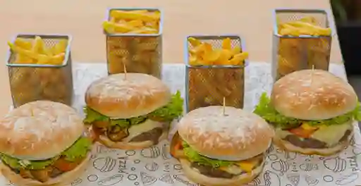 4 Hamburguesas Sencillas, 4 Porciones de Papa de Cualquier Sabor