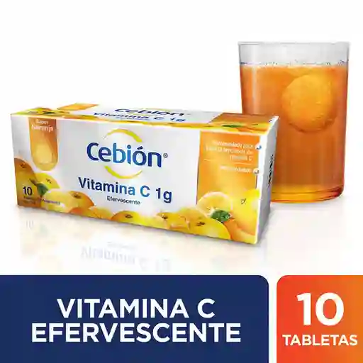 Cebión tabletas Efervescentes de Vitamina C sabor naranja con 10 unidades.