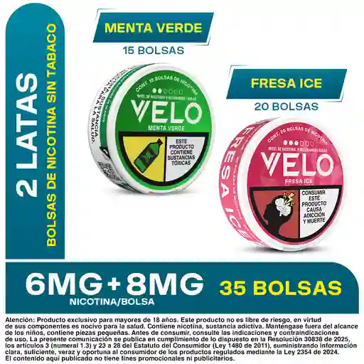 Combo Velo Bolsa de Nicotina Menta Verde 6 mg + Fresa Ice 8 mg